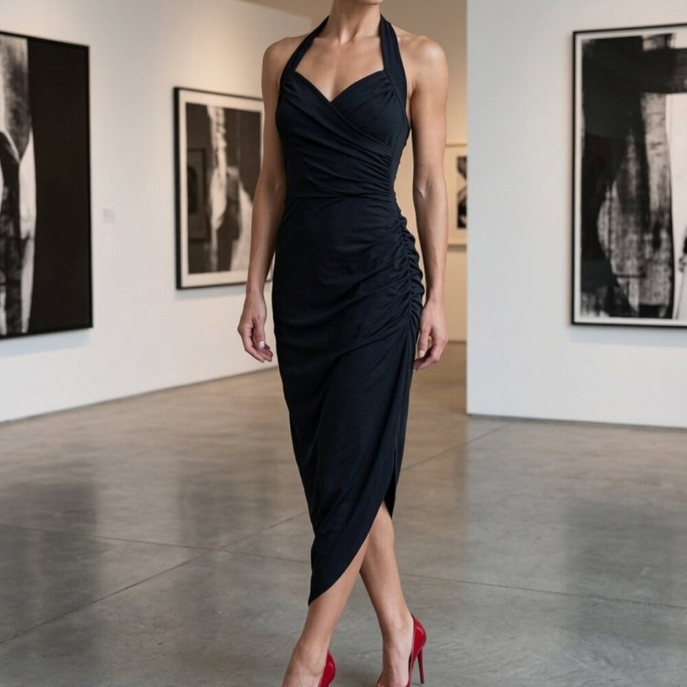 Norma Kamali black halter asymmetric dress size S